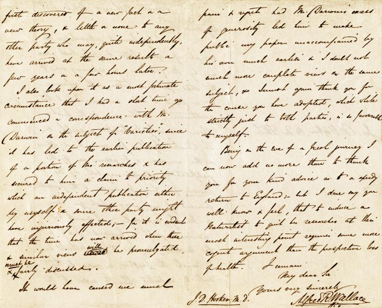 Letter from ARW to Hooker. 1858.